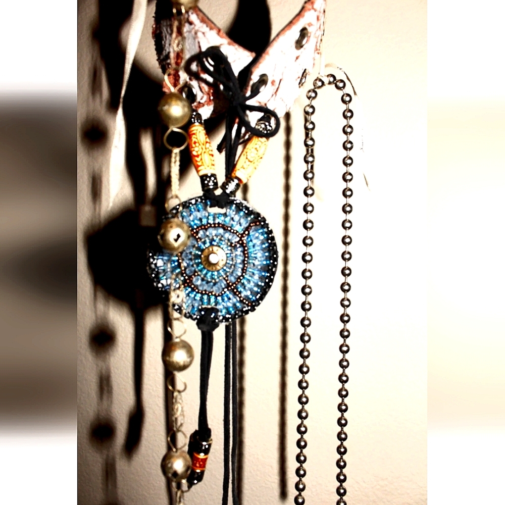Navajo Choker Leather with Gemstones Sequin and Brass Chain and More, Handmade - Picture 4 of 8